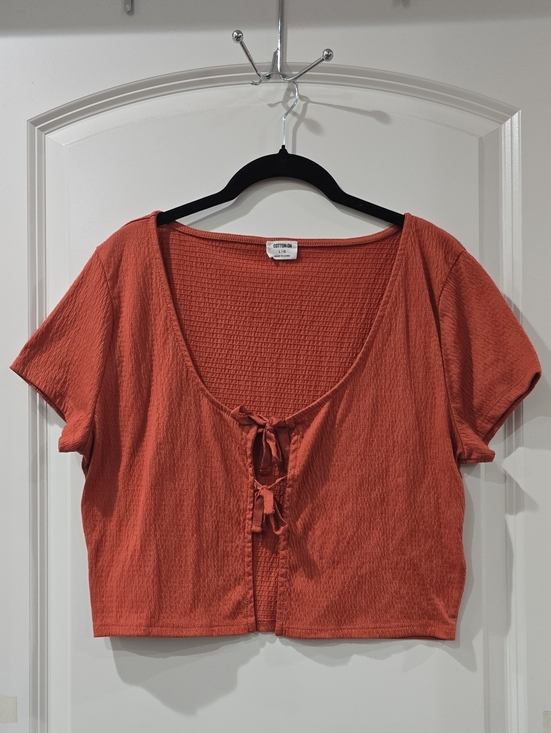 Cotton On Tops - Cotton On Rust Tie-Front Scoop Neck Crop Top, Elevated Basic, Everyday Tee